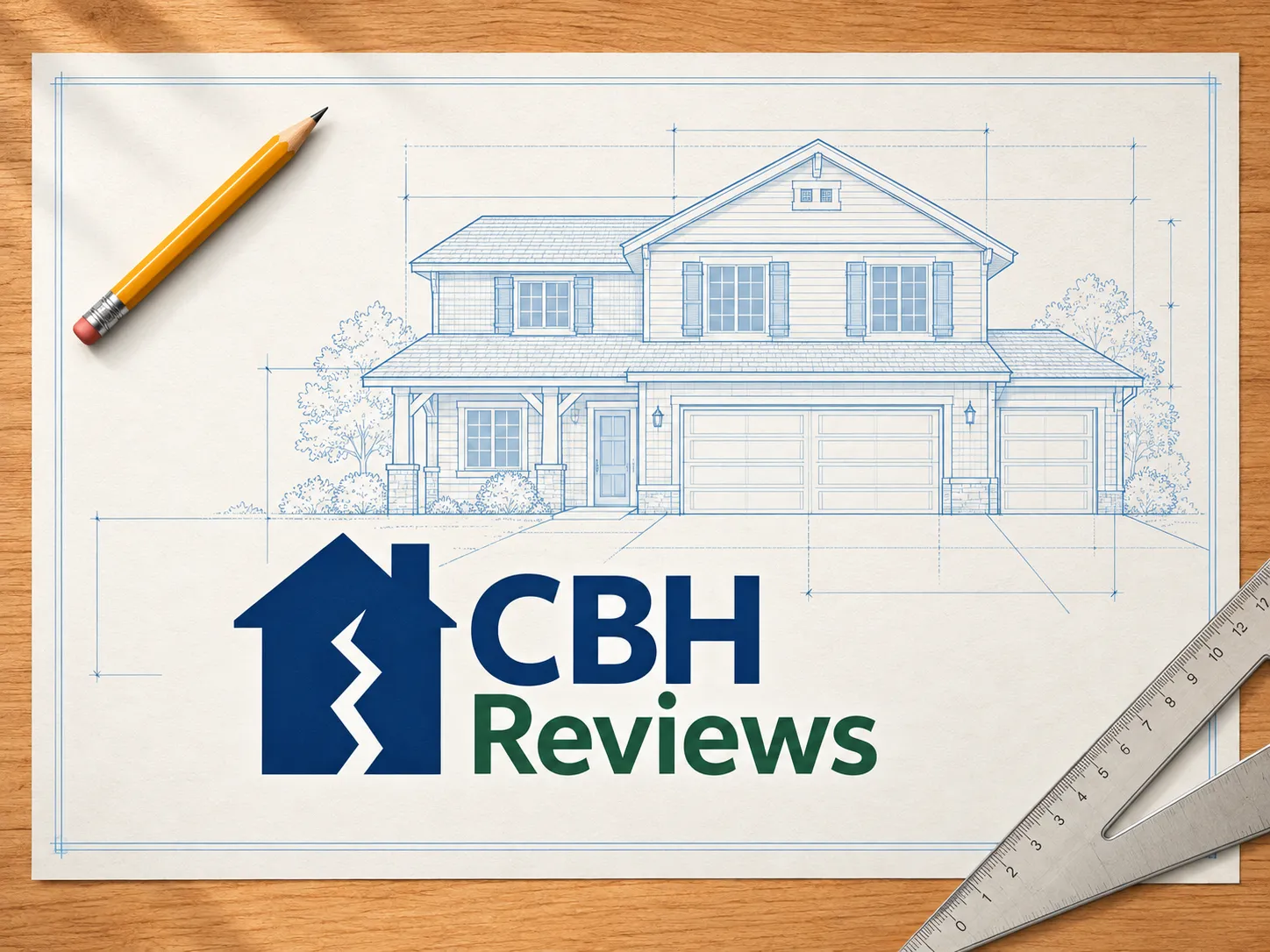 Illustration of a home blueprint with the CBH Reviews logo